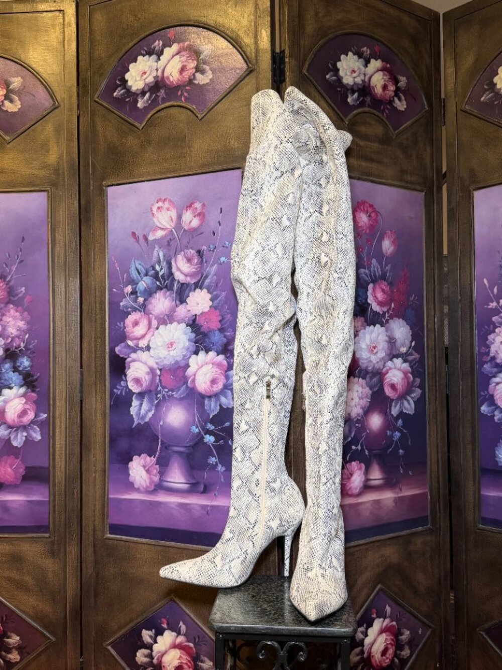 Azalea Wang Snakeskin Thigh High Boots Size 10 Pointed Toe Stiletto OTK
